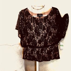 Alex Evenings formal top. Black lace over nude she’ll. A hint of sparkle